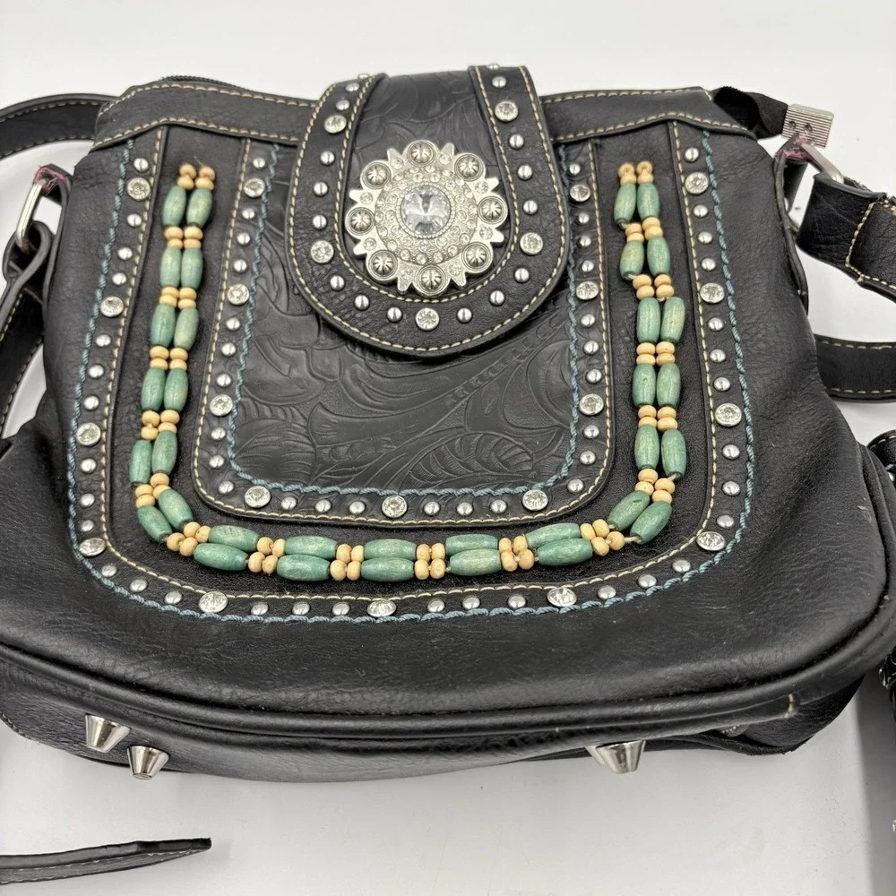 Montana West Black and Turquoise Embellished Shoulder‎ Bag &wallet